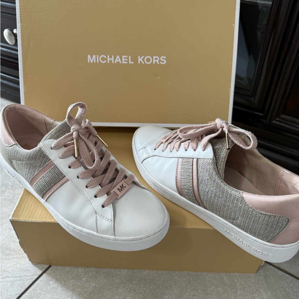 Michael Kors White and Pink Sneakers with Silver Accents